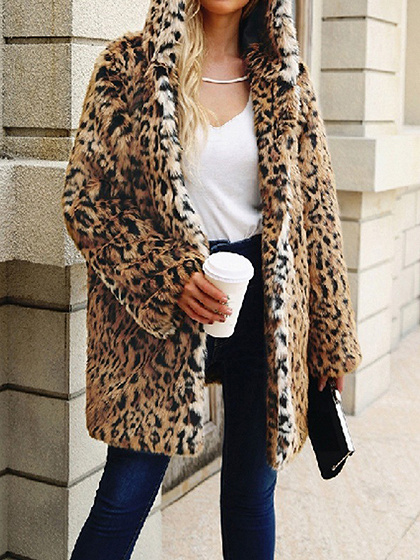 Brown Leopard Print Long Sleeve Women Faux Fur Hooded Coat | Choies
