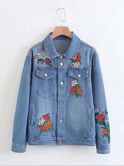 Blue Bird And Floral Embroidery Long Sleeve Women Jacket | Choies