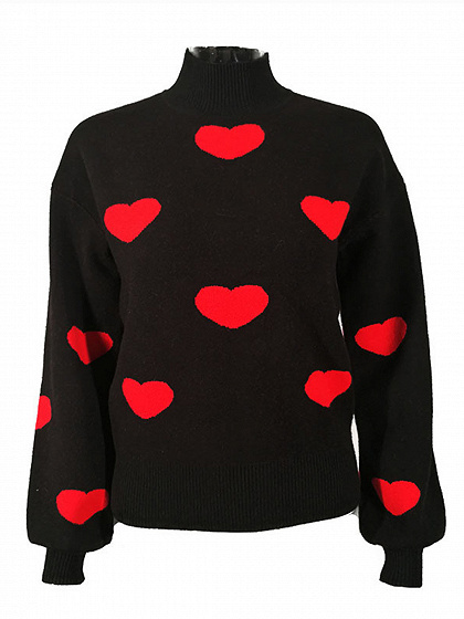 Black High Neck Heart Print Long Sleeve Women Sweater | Choies