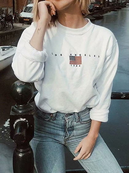 White Letter And US Flag Embroidery Long Sleeve Women Sweatshirt
