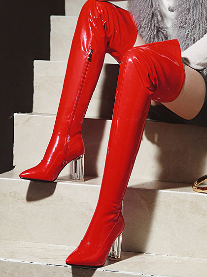 Red Leather Look Pointed Toe Clear Heeled Over the Knee Boots | Choies