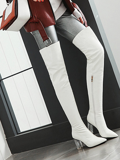 A choies White Leather Look Pointed Toe Clear Heeled Over the Knee Boots