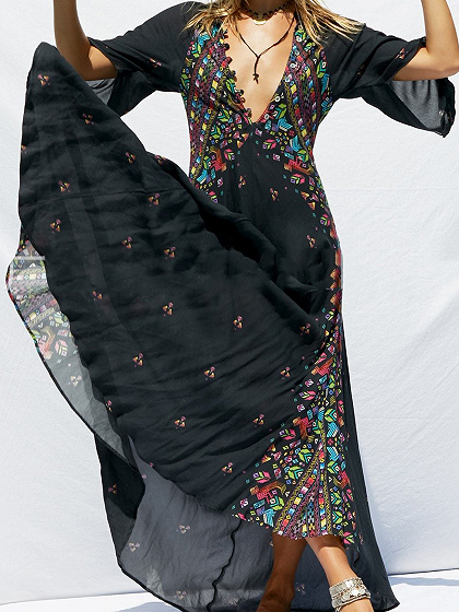 Black Plunge Folk Print Flare Sleeve Women Bohemian Maxi Dress