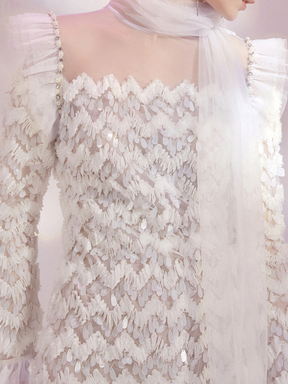 White Sequin Detail Sheer Mesh Panel Long Sleeve Women Mini Dress | Choies
