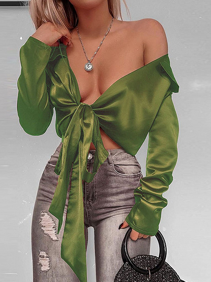Green Satin Look Lapel Plunge Tie Front Long Sleeve Women Crop Top