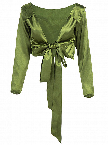 Green Satin Look Lapel Plunge Tie Front Long Sleeve Women Crop Top | Choies