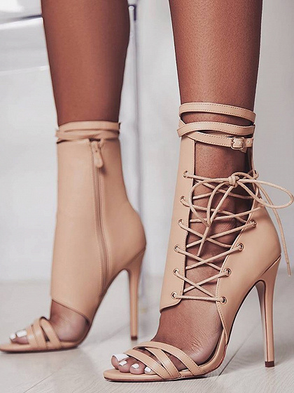 Beige Leather Look Eyelet Lace Up Cut Out Detail Heeled Ankle Boots