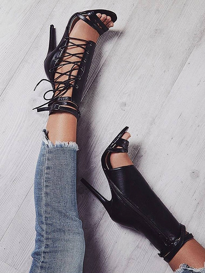 Black Leather Look Eyelet Lace Up Cut Out Detail Heeled Ankle Boots