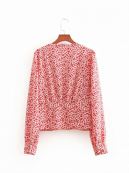 Red V-neck Floral Print Button Placket Front Long Sleeve Women Shirt ...