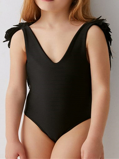 Black V-neck Angel Wings Kids One-piece Swimsuit