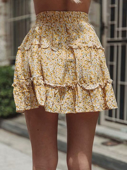 Yellow High Waist Floral Print Frill Trim Mini Skirt | Choies