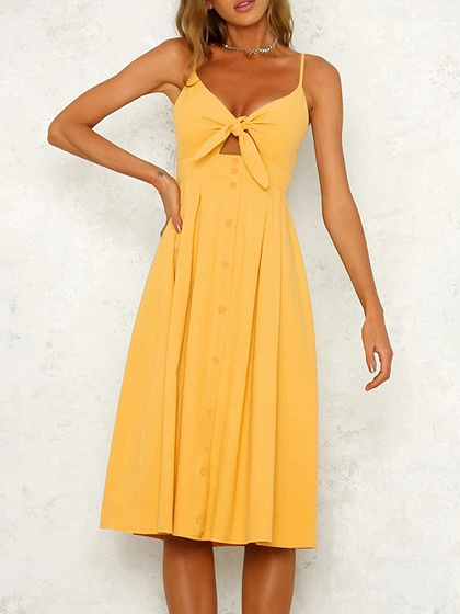Yellow V-neck Tie Front Button Placket Front Cami Midi Dress | Choies
