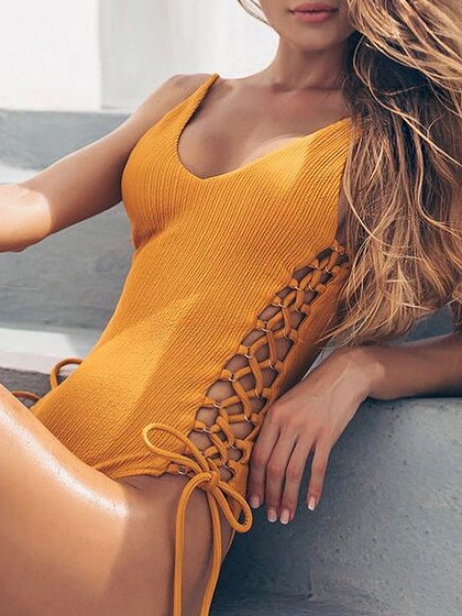 Yellow V-neck Lace Up Side Open Back One-Piece Swimsuit