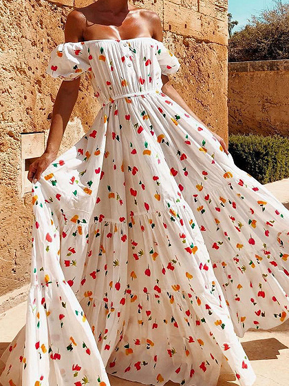 White Off Shoulder Floral Print Puff Sleeve Maxi Dress