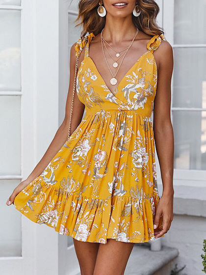 Yellow Plunge Floral Print Ruffle Hem Open Back Cami Mini Dress