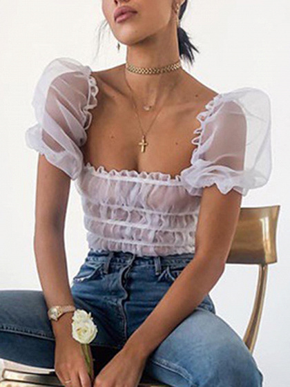 White Square Neck Puff Sleeve Sheer Mesh Crop Top