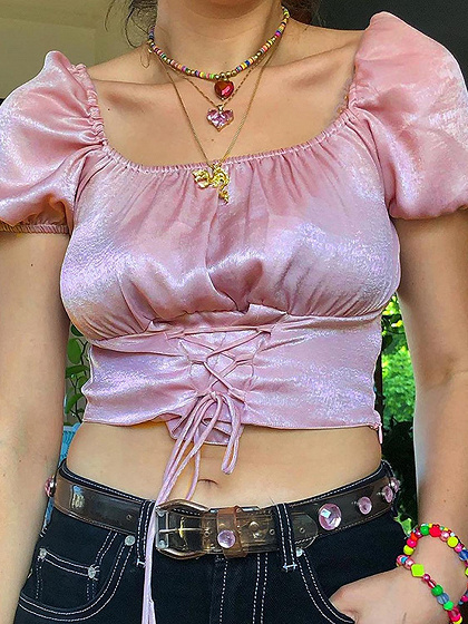 Pink Satin Look Lace Up Front Puff Sleeve Crop Top