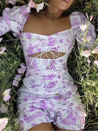 Purple Square Neck Floral Print Ruffle Trim Puff Sleeve Mini Dress | Choies