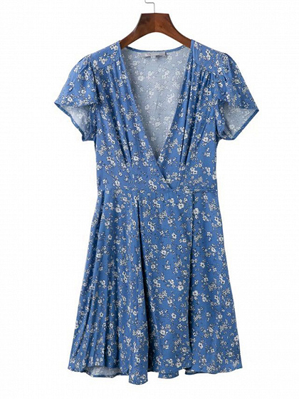 Blue Plunge Floral Print Tie Waist Mini Dress | Choies