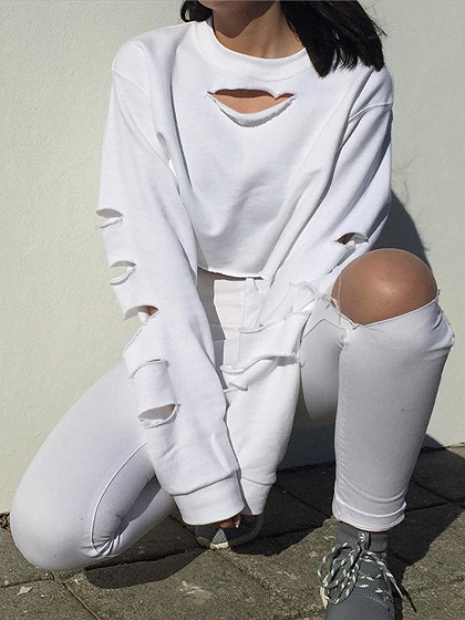 White Cut Out Detail Long Sleeve Crop Sweatshirt