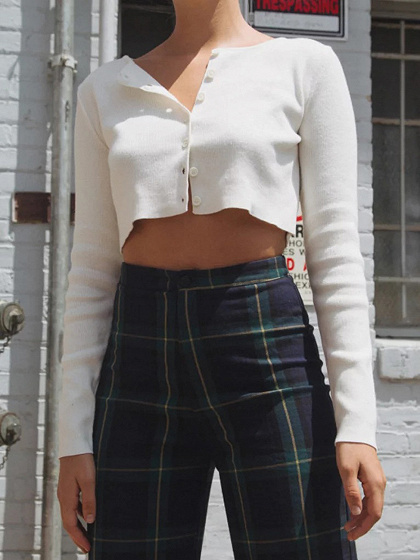 White Ribbed Button Placket Front Long Sleeve Crop Top