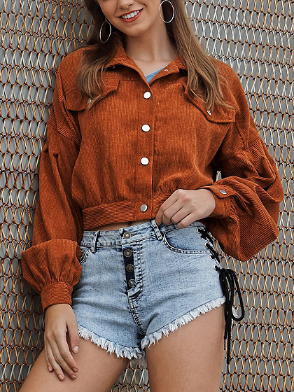 Brown Button Placket Front Long Sleeve Crop Jacket