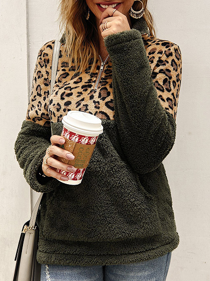 Army Green Leopard Print Panel Long Sleeve Sweatshirt