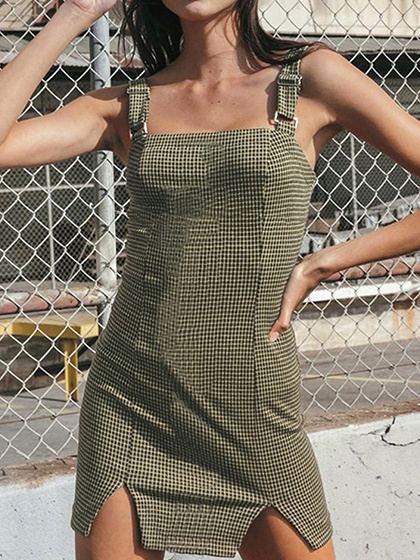 Green Plaid Split Detail Mini Dress