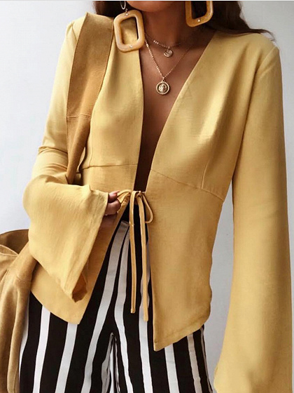 Yellow Tie Front Flare Sleeve Shirt