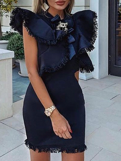 Black Tassel Trim Ruffle Sleeve Mini Dress