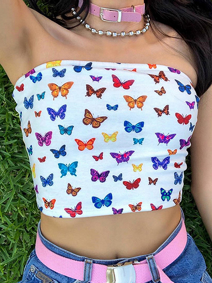 Polychrome Bandeau Butterfly Print Crop Top