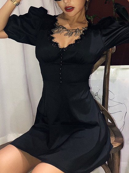 Black V-neck Lace Trim Puff Sleeve Mini Dress