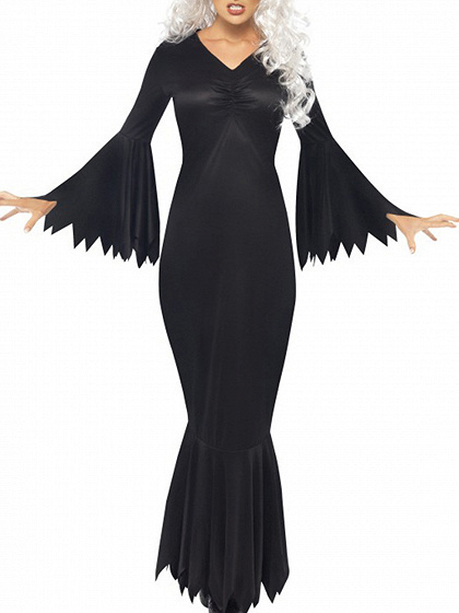 Black Halloween V-neck Flare Sleeve Maxi Dress