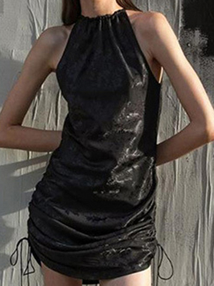 Black Halter Drawstring Side Sleeveless Mini Dress