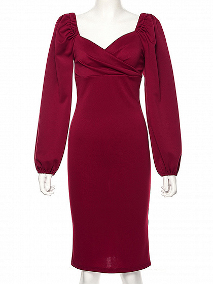 Burgundy V-neck Puff Sleeve Midi Dress | Choies