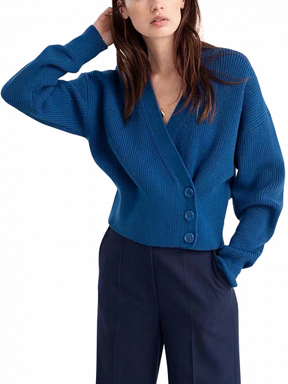 Blue V-neck Button Placket Front Long Sleeve Cardigan