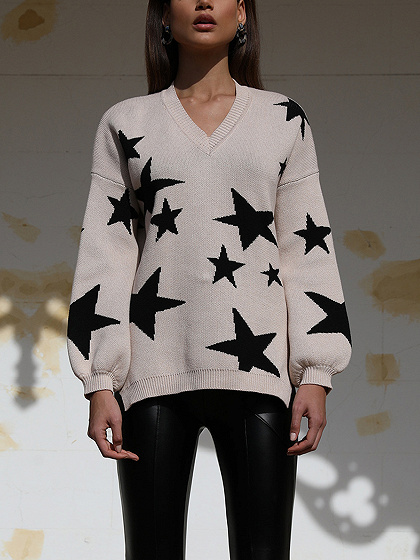 Beige V-neck Star Print Puff Sleeve Sweater
