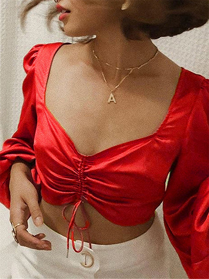 Red V-neck Drawstring Front Puff Sleeve Crop Top