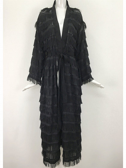 Black Tassel Trim Long Sleeve Longline Coat | Choies