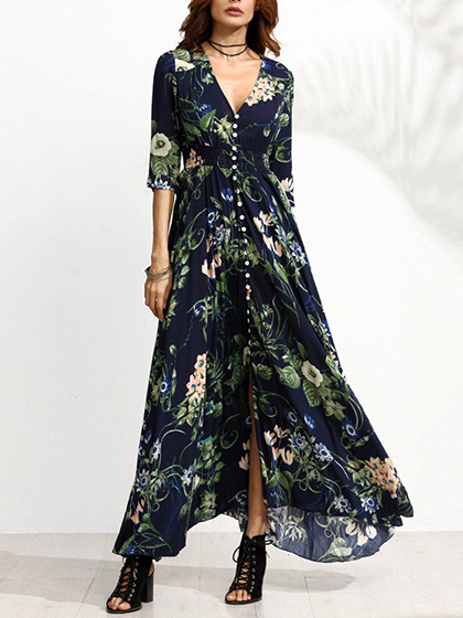 Dark Blue V-neck Floral Print Maxi Dress
