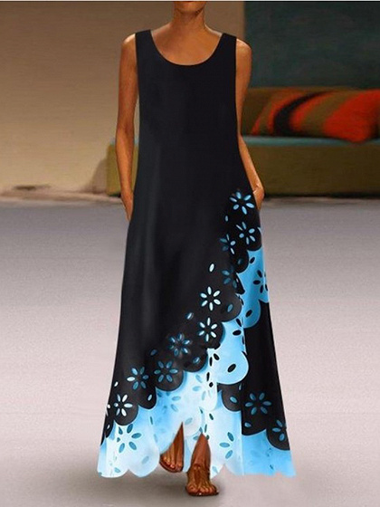 Blue Contrast Cut Out Detail Sleeveless Maxi Dress
