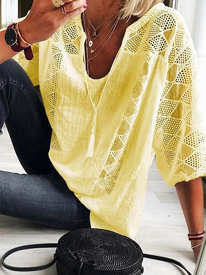 Yellow U-neck Lace Panel Blouse