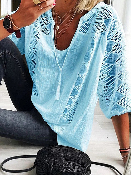 Blue U-neck Lace Panel Blouse