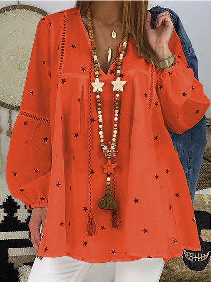 Red V-neck Star Print Long Sleeve Blouse