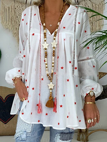 White V-neck Star Print Long Sleeve Blouse