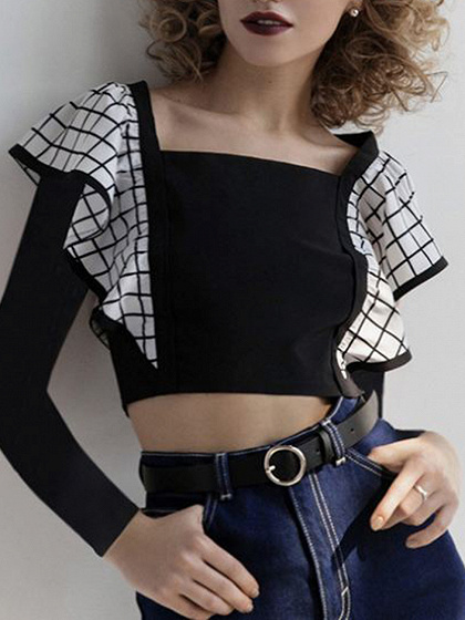 Black Contrast Plaid Panel Long Sleeve Crop Top