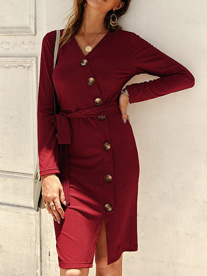 Burgundy Ribbed V-neck Long Sleeve Mini Dress