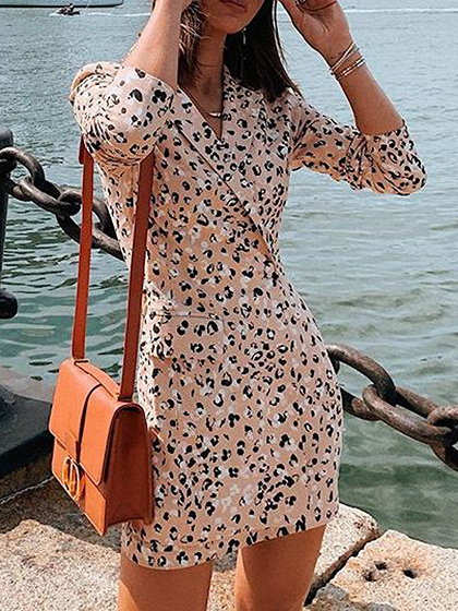 Pink V-neck Leopard Print Long Sleeve Mini Dress