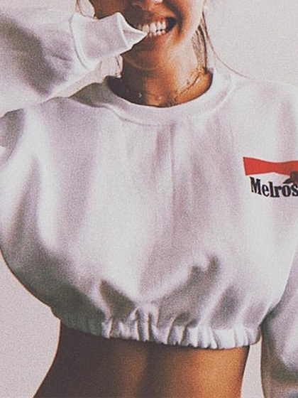 White Letter Print Long Sleeve Crop Sweatshirt