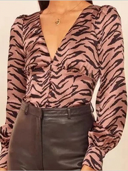 Pink V-neck Leopard Print Long Sleeve Shirt